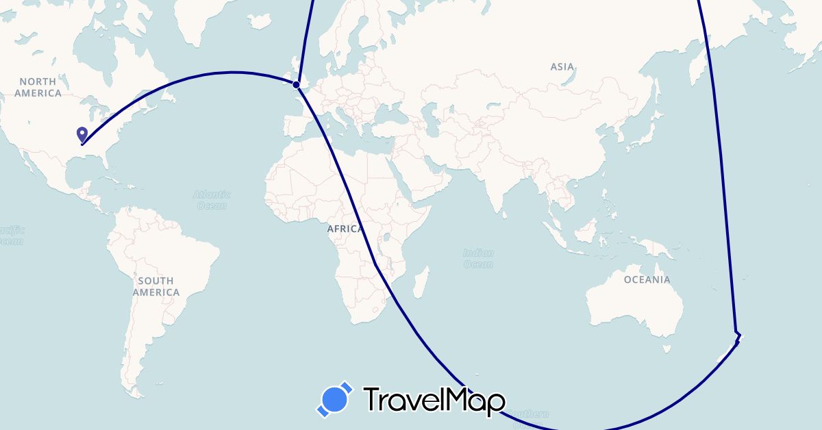 TravelMap itinerary: driving in United Kingdom, New Zealand, United States, Zambia (Africa, Europe, North America, Oceania)
